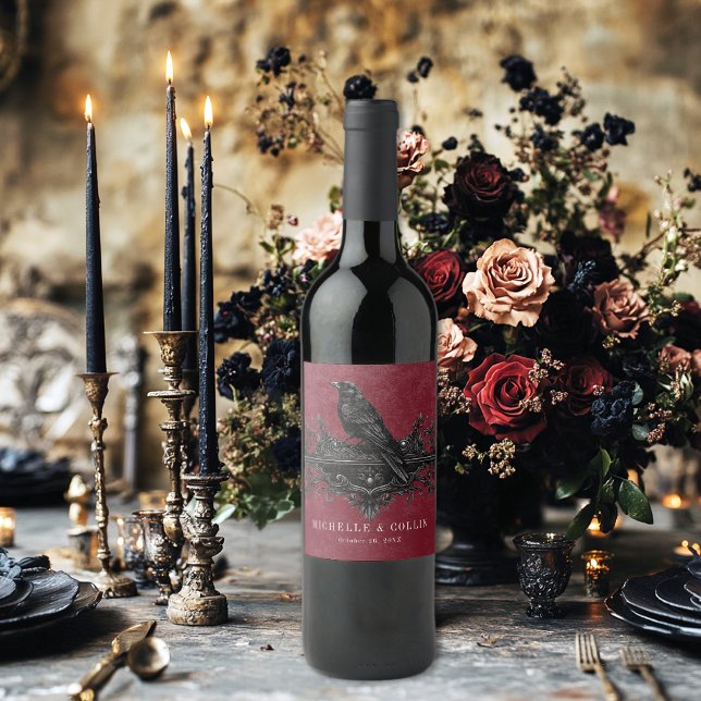Gothic Black Raven & Black Roses Wine Wedding Wine Label (Creator Uploaded)