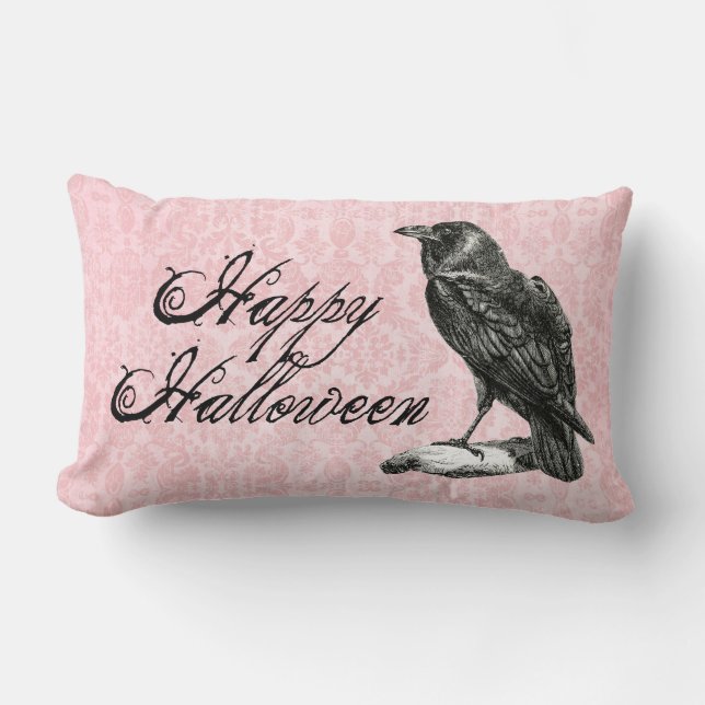 Gothic Black Raven | Pink Damask Lumbar Cushion (Front)