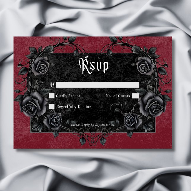 Gothic Black Raven & Roses Burgundy No Dinner RSVP Card (Gothic Black Raven & Roses Burgundy No Dinner RSVP Card)