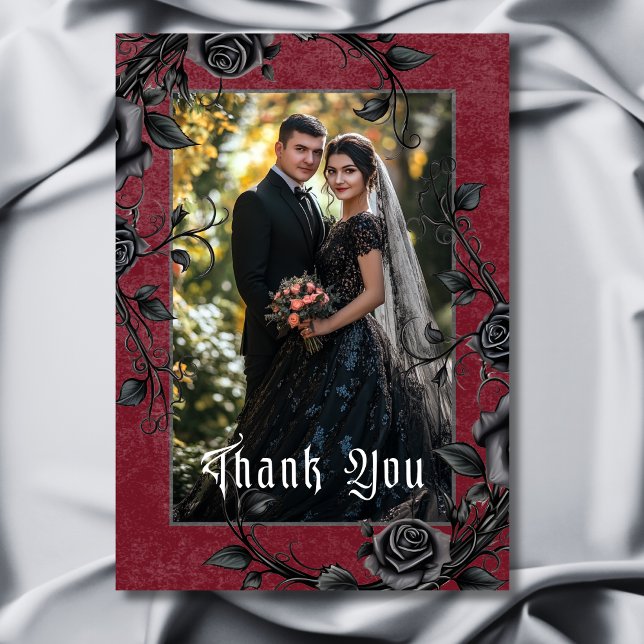 Gothic Black Raven & Roses Burgundy Photo Wedding Thank You Card (Gothic Black Raven & Roses Burgundy Photo Wedding Thank You Card)
