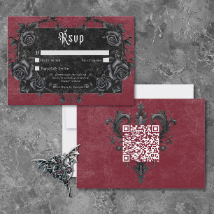 Gothic Black Raven & Roses Burgundy QR Code RSVP Card