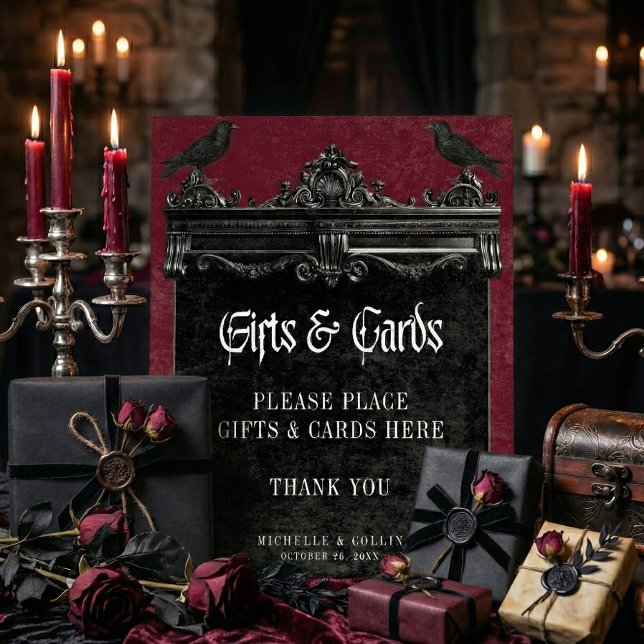 Gothic Black Raven & Roses Burgundy Wedding Gifts Pedestal Sign (Creator Uploaded)