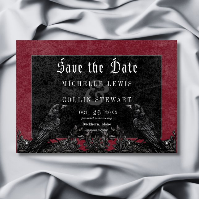 Gothic Black Raven & Roses Burgundy Wedding Save The Date (Gothic Black Raven & Roses Burgundy Wedding Save The Date)