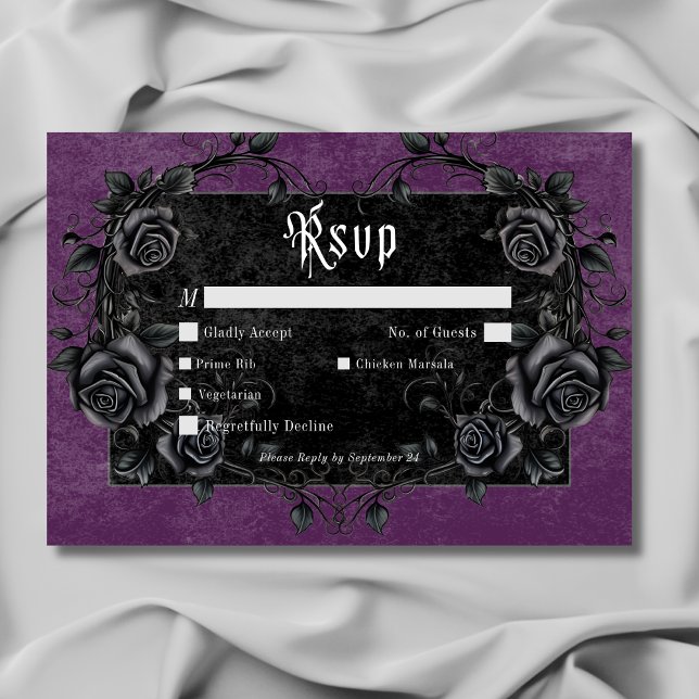 Gothic Black Raven & Roses Purple Dinner RSVP Card (Gothic Black Raven & Roses Purple Dinner RSVP Card)