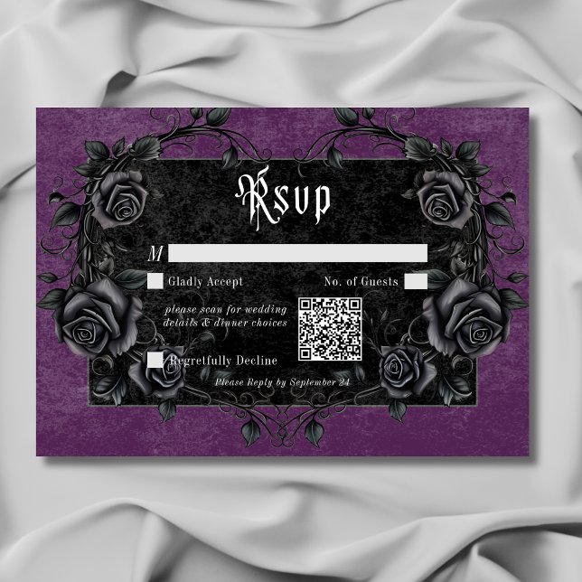 Gothic Black Raven & Roses Purple QR Code RSVP Card (Gothic Black Raven & Roses Purple QR Code RSVP Card)