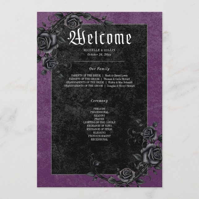 Gothic Black Raven & Roses Purple Wedding Programme (Front)
