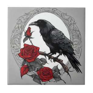 Gothic Black Raven with Red Roses  Tile