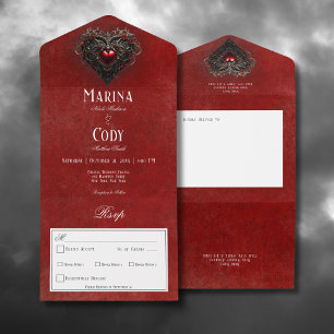 Gothic Black & Red Filigree Heart Red Dinner All In One Invitation