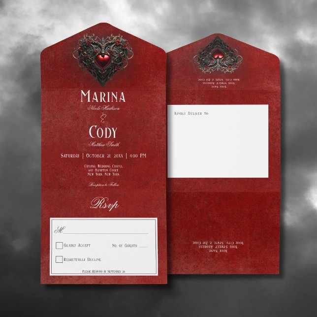 Gothic Black & Red Filigree Heart Red No Dinner All In One Invitation (Gothic Black & Red Filigree Heart Red All In One Wedding Invitation without Dinner Options)