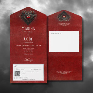 Gothic Black & Red Filigree Heart Red QR Code All In One Invitation
