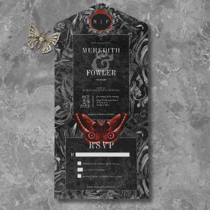 Gothic Black Red Filigree Moth No Dinner Wedding All In One Invitation