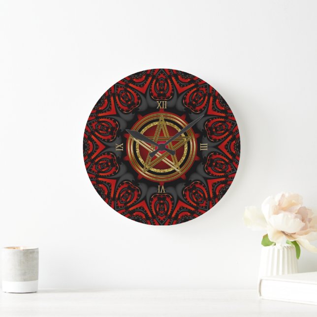 Gothic Black Red Gold Pentagram Symbol Large Clock (Home)