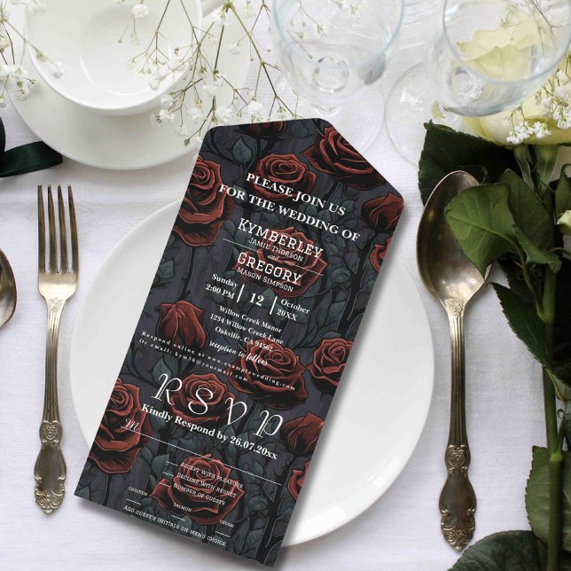 Gothic Black Red Rose White Text Floral Background All In One Invitation (Creator Uploaded)