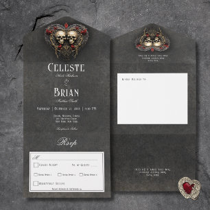 Gothic Black & Red Skulls & Heart Black Dinner All In One Invitation