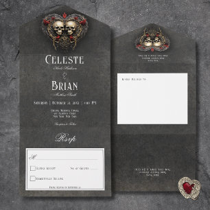 Gothic Black & Red Skulls & Heart Black No Dinner All In One Invitation