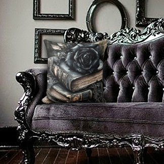 Gothic Black Rose on Book Stack Cushion