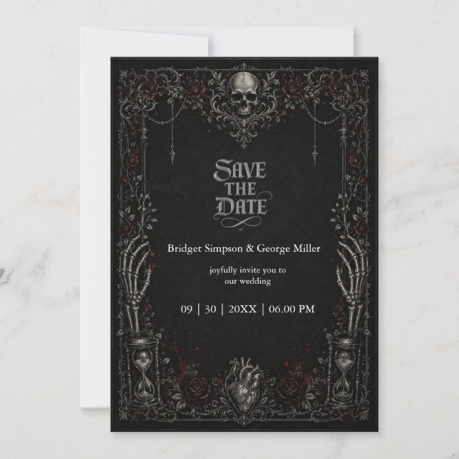 Gothic Black Rose Skull Heart Wedding  Invitation (Front)