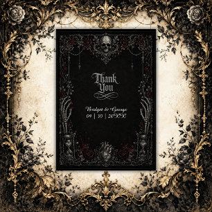 Gothic Black Rose Skull Heart Wedding Thank You Card