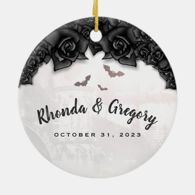 Gothic Black Roses & Bats Halloween Wedding Circle Ceramic Tree Decoration (Back)