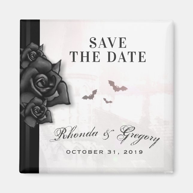 Gothic Black Roses & Bats Halloween Wedding Magnet (Front)