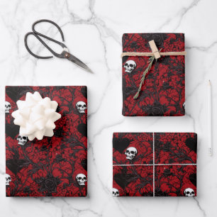 Gothic Black Roses Black Hearts and Skulls Wrapping Paper Sheet