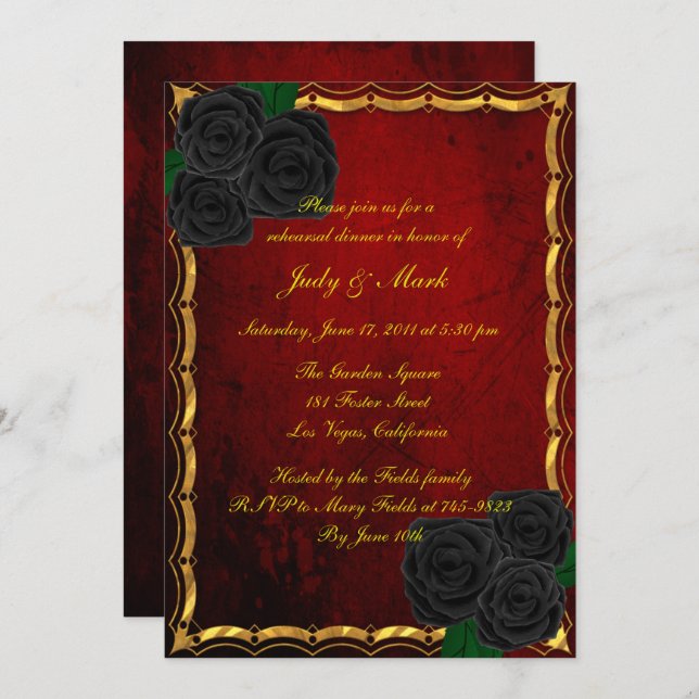 Gothic Black Roses Blood Red Rehearsal Dinner Invitation (Front/Back)