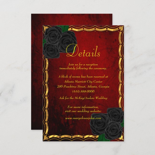 Gothic Black Roses Blood Red Wedding Details Enclosure Card (Front/Back)