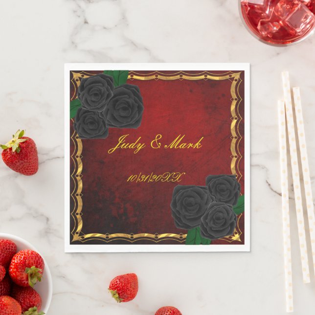 Gothic Black Roses Blood Red Wedding Napkin (Insitu)