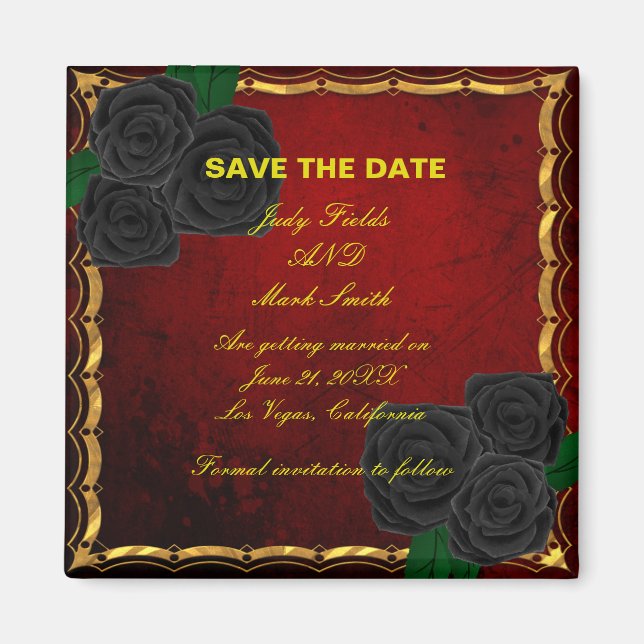 Gothic Black Roses Blood Red Wedding Save The Date Magnet (Front)