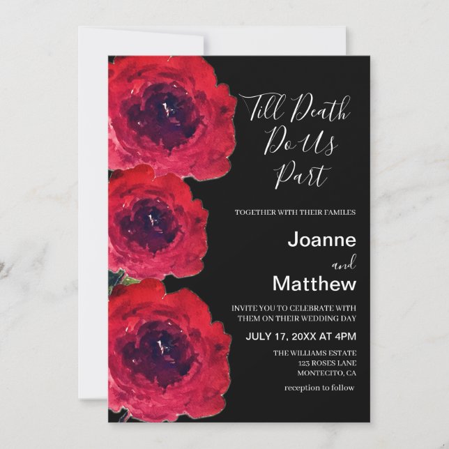 Gothic Black Roses Floral Watercolor Wedding Invitation (Front)