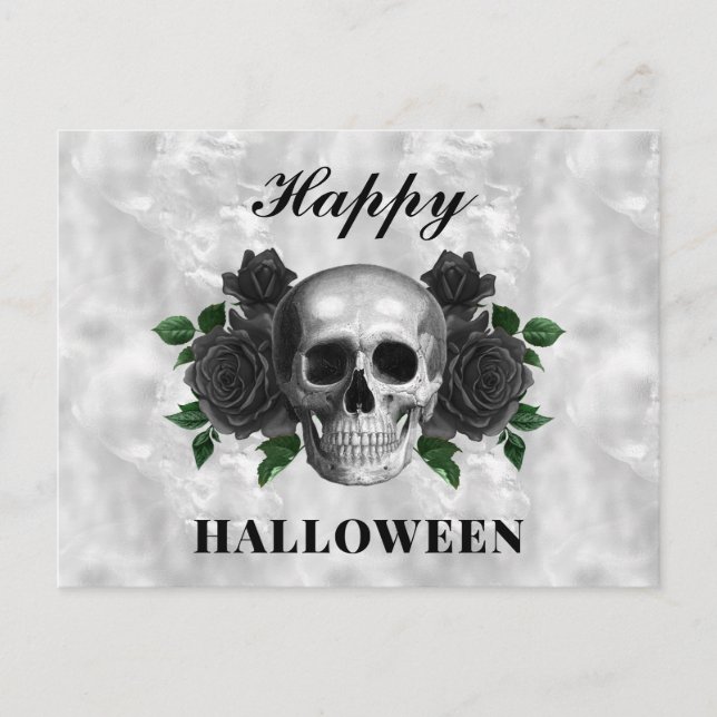 Gothic Black Roses & Skull Happy Halloween Postcard (Front)