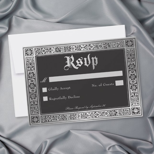 Gothic Black Silver Mediaeval Wedding RSVP Card (Gothic Black Silver Medieval Wedding RSVP Card)