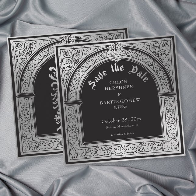 Gothic Black Silver Mediaeval Wedding Save The Date (Gothic Black Silver Medieval Wedding Save The Date)