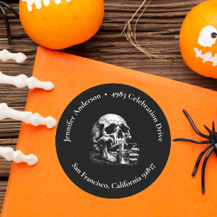 Gothic Black Skull and Whiskey Return Address Classic Round Sticker