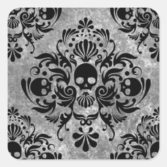 Gothic Black Skull Grunge Damask Pattern Square Sticker (Front)