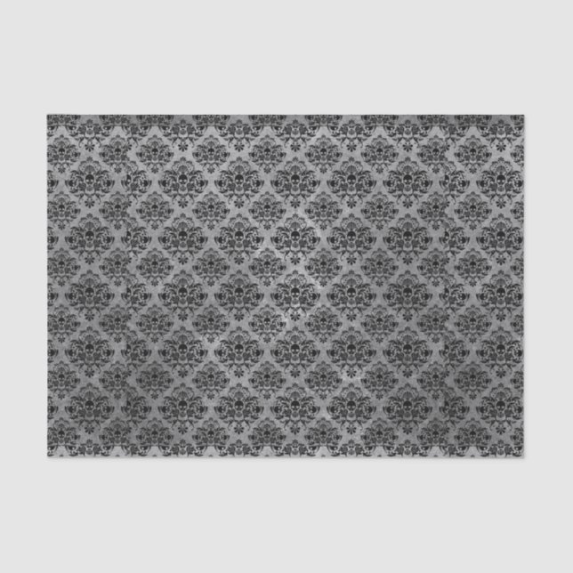 Gothic Black Skull Grunge Damask Pattern Tissue Paper (Front)