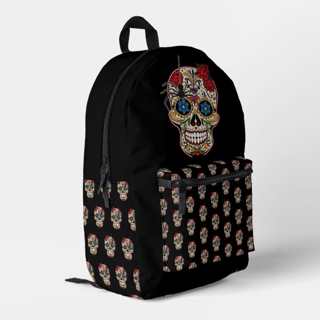 Gothic Black Spider Roses Ornaments Sugar Skull Printed Backpack (Back Corner Left)