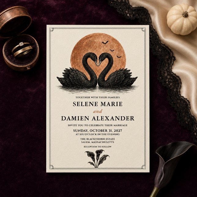Gothic Black Swans Halloween Wedding Invitation (Creator Uploaded)