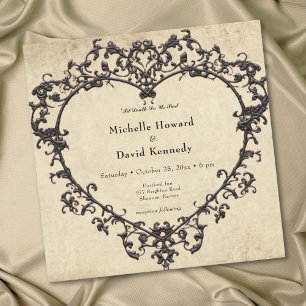 Gothic Black Tan Parchment Filigree Heart Wedding Invitation
