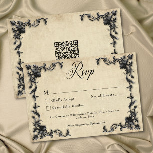 Gothic Black Tan Parchment Filigree Heart Wedding RSVP Card