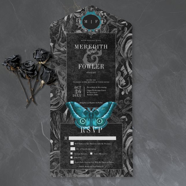 Gothic Black Teal Filigree Moth Dinner Wedding All In One Invitation (Creator Uploaded)