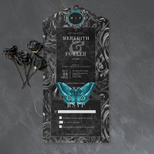 Gothic Black Teal Filigree Moth No Dinner Wedding All In One Invitation