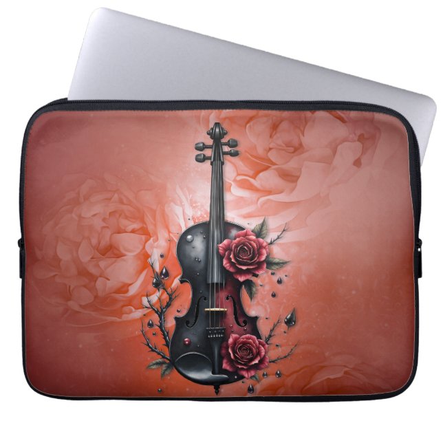 Gothic black violin with red roses  laptop sleeve (Front)