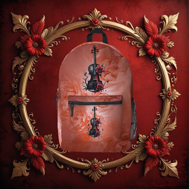 Gothic black violin with red roses  printed backpack (Creator Uploaded)