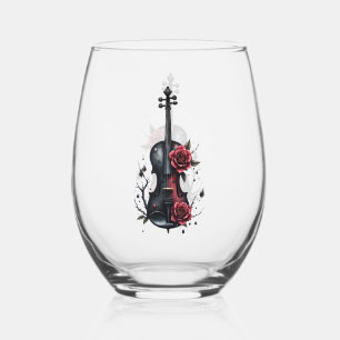 Gothic black violin with red roses  stemless wine glass
