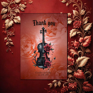 Gothic black violin with red roses thank you card