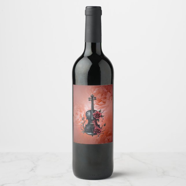 Gothic black violin with red roses  wine label (Front)