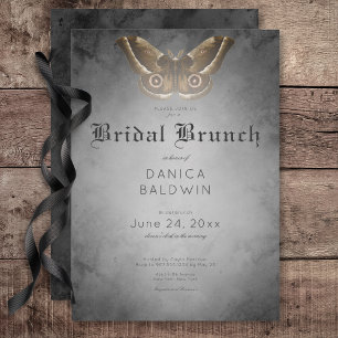 Gothic Black Watercolor Brown Moth Bridal Brunch Invitation