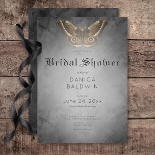 Gothic Black Watercolor Brown Moth Bridal Shower Invitation