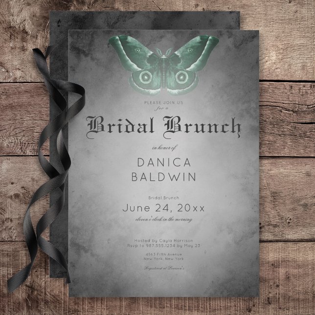 Gothic Black Watercolor Green Moth Bridal Brunch Invitation (Gothic Black Watercolor Green Moth Bridal Brunch Invitation)